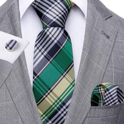 Fashion Green Plaid Men Tie Set Silk Jacquard Necktie Wedding Business Handkerchief Cufflinks Tie Barry.Wang Designer FA-5342