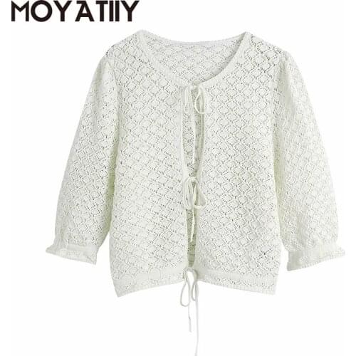 MOYATIIY Fashion Women Spring Thin Sweaters Mesh Hollow Sex Lady Cotton Pullovers with Front Chest Lace Up Mid Sleeve Crop Tops