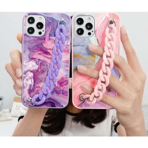 Fashion Marble Cases Chain Soft Case For iPhone 12 11 Pro Max Mini XR XS Max X 7 8 6S 6 Plus 5 5s SE 2020 Wrist Strap Back Cover