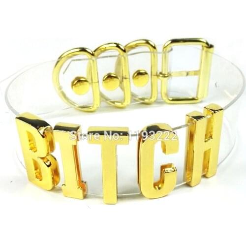 Punk Gothic 100% handmade "Bitch" Choker Cosplay Halloween Costume 35MM Tall Gold Letter Name Collar Clear Vinyl Necklace
