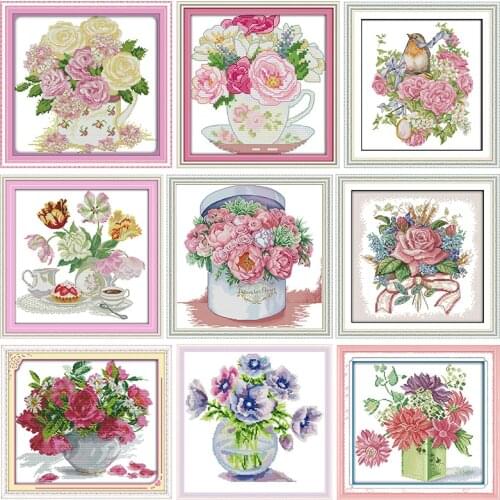 Roses and Daisies Cross-Stitch Embroidery Needlework Stamped Vase Pattern Handmade Kit 11CT 14CT Print Counted Fabric Thread Set
