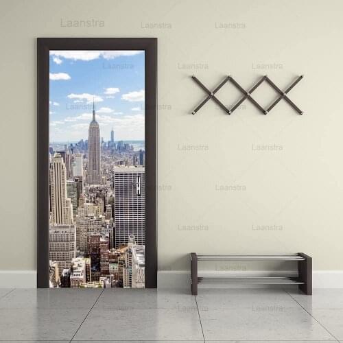 Modern City High-Rise Scenery Living Room Bedroom Door Stickers Still Life Door Decals Waterproof Wall Poster Room Decoration