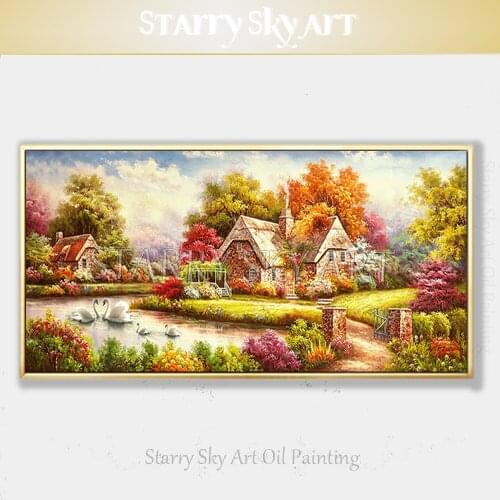 Top Artist Hand-painted Colorful Europe Landscape Oil Painting on Canvas Beautiful House Near to Lake and Swans Oil Painting