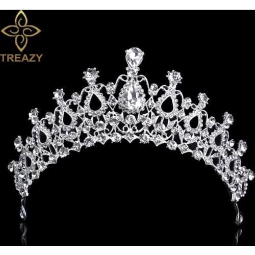 TREAZY European Crystal Bridal Tiaras And Crowns Waterdrop Wedding Hair Accessories Pageant Queen Crown Birthday Party Jewelry