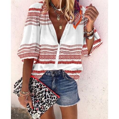 All-Match Striped Printed V-Neck Shirt Popular Single Breasted Short Sleeve Shirts Breathable Women Clothing Basic Top Outfit