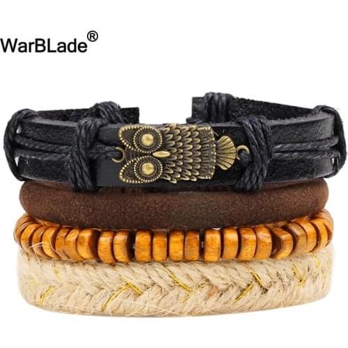 WarBLade Vintage Multilayer Leather Braided Owl Bracelets Wood Beads Bracelet Bangle Punk Wrap Wristband For Men Women Jewelry