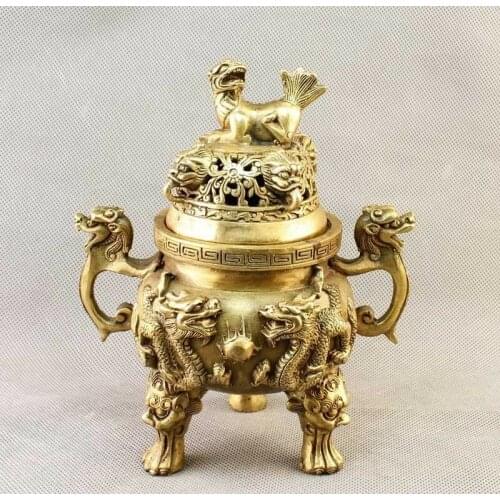 China Brass carved Dragon&FOO FU Dog Incense Burner/Censer Statue