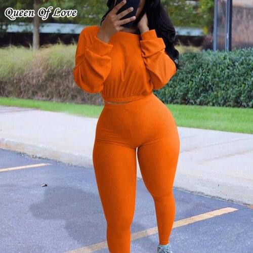 Knitted Ribbed Womens Set Solid Long Sleeve Crop Tops Sweatshirt Pants Suits Leggings Joggers Two Piece Sets Outfit Tracksuit