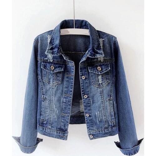 Spring New Hole Denim Coat Turn-Down Collar Pocket Buttom Slim Short Solid Blue Female Casual Outwear Coat Tops