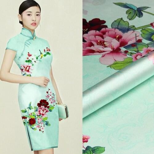 118*105CM 19MM 93% Silk & 7% Spandex Floral Green Stretch Silk Satin Fabric for Summer Dress Shirt Clothes Cheongsam D872