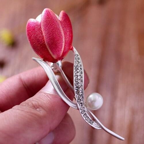 Ajojewel Enamel Tulip Jewelry Brooches For Women Suit Collar Simulated-pearl Flower Brooch High Fashion Jewelry Gift Wholesale