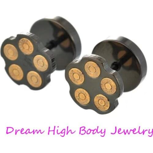 Punk Ear Stud Black Bullet 10mm Gold Fashion Earring Barbell 316l Stainless Steel Gothic Mens Fake Ear Plugs