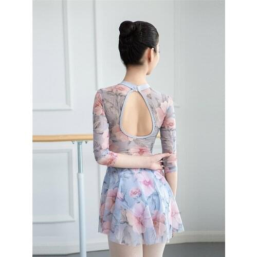 Printed Gymnastic Female Adult Dance Basic Ballet Leotard for Girls 3/4 Sleeve Dance Wear Professional Ballet Training Dress