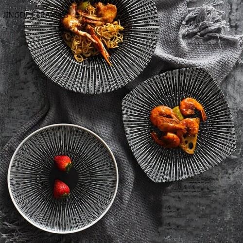 Simple Striped Ceramic Tableware Matte Black and White Home Restaurant Creative Western Steak Salad Pasta Sushi Straw Hat