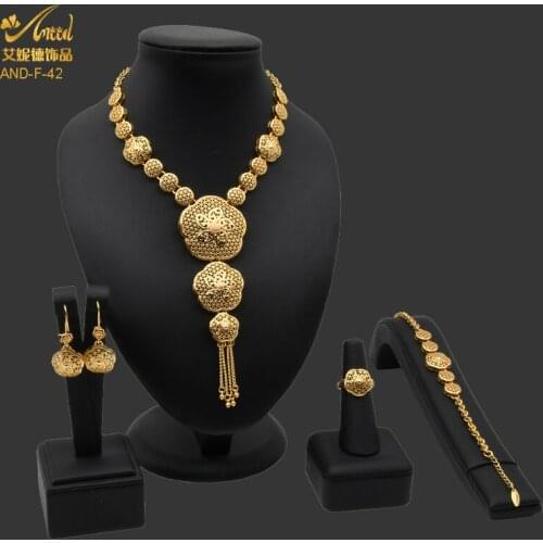 Nigerian Gold Jewelry Sets For Women Bridal Long Necklace Earrings Bracelet Ring Set 24k Gold Plated Big African Jewellery