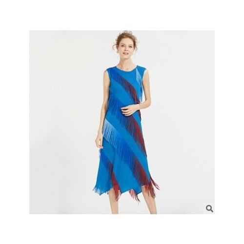 HOT SELLING Miyake Elegant fold open fork tassel sleeveless o-neck Fashion tassel gradient dress IN STOCK