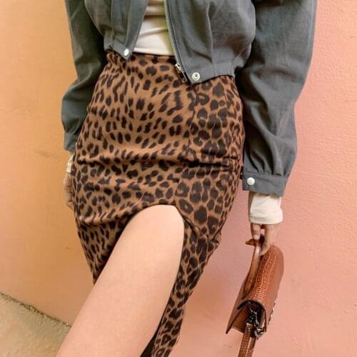 Europe and the United States spring new skirt leopard print print fashion irregular fork high-waisted bag hip skirt midi skirt