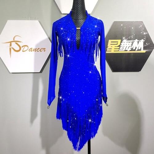 New Children Latin Dance Dress High-End Diamond-Studded Long Sleeve Dresses Sexy Professional Latin Dance Costumes Girls DN6756