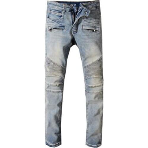 New Mens fashion classic vintage blue stretch moto biker jeans for moto Plus size patchwork slim fit denim pants trousers 1051