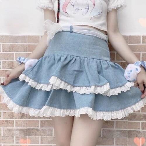 Casual Japanese Kawaii Mini Skirts Women Bandage Lace Sweet Cute Skirts Female Fluffy Pretty Princess Lolita Skirts Summer 2021