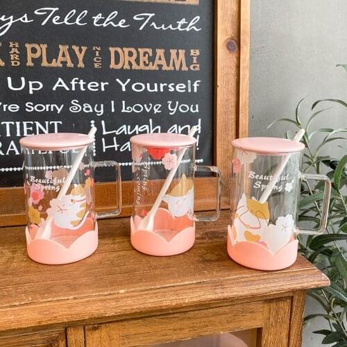 Pink Glass Water Bottle With Lid Creative Cat Blossom Water Cup with Silicone For Women Girl Drink Bottles Strawberry Cups