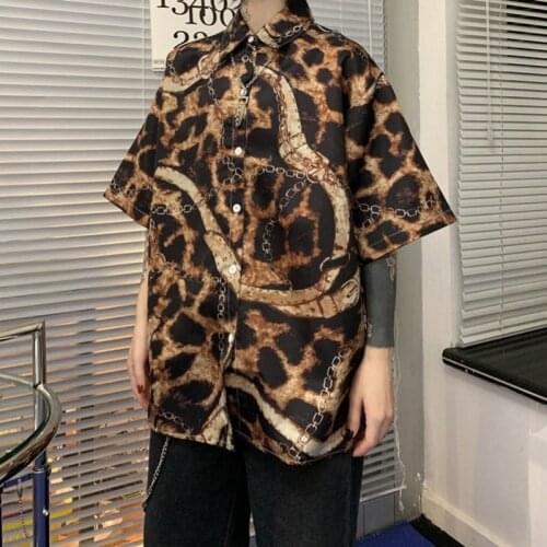 Men Short Sleeve Lapel Shirt Casual Floral Blouse Men Hawaiian Beach Tops Summer Leopard Print Shirts Camisa shark Plus Size
