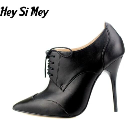 Women Soft Leather Pointed Toe Lace Up Stiletto High Heel plus size women shoes 44 45 46 pumps women shoes