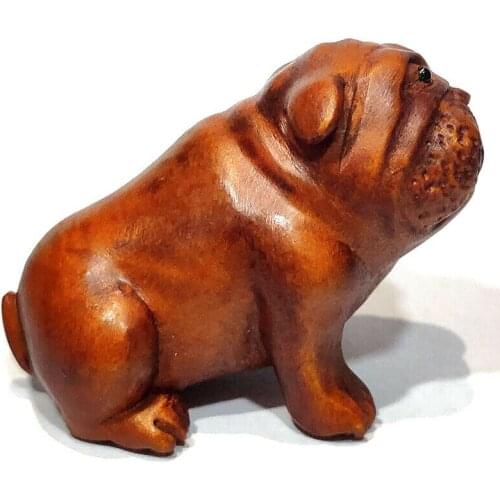 Y7461 - 2" Hand Carved Japanese Boxwood Netsuke Figurine Carving - Bulldog Dog