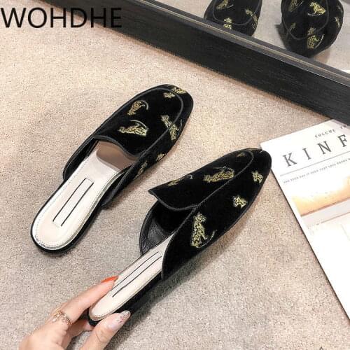 WOHDHE 2021 Cotton Slip on Outside Slippers Embroider Mules Streetwear Fashion Women Suede Shoes Round Toe Mules Shoes Slippers
