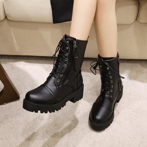 Winter Women Ankle Boots Black Leather 2021 Fashion Autumn Warm Fur Motorcycle Non-slip Waterproof Female Platform Combat Boots
