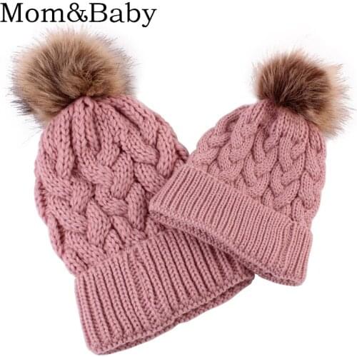 2 Pcs/set Mom and Kid Warm Hat Set Velvet Fleece Inside Beanie Real Fur Pompom Hat Parent Child Twist Knitted Girls Cap