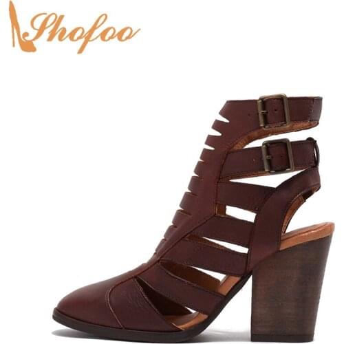 Burgundy High Chunky Heels Ankle Boots Woman Round Toe Booties Large Size 12 16 Ladies Fashion Buckle Strap Sexy Shoes Shofoo