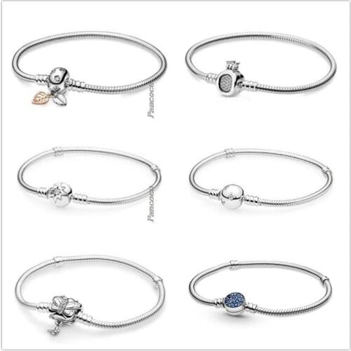 Original 925 Sterling Silver Moments Crown O With Crystal Snake Chain Bracelet Bangle Fit Women Bead Charm Fashion Jewelry