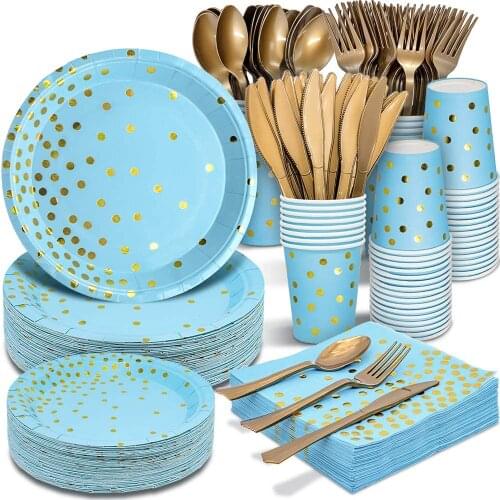 Bronzing polka dot blue tableware set paper cup Party Supplies Disposable Dinnerware Set For birthday party supplies decoration