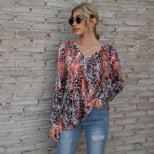 40# Harajuku T-shirts 2021 New Fashion Womens Elegant Tops V-neck Long Sleeve Printing Loose Casual Pullover T-shirts Футболка