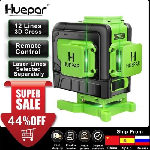 Huepar 12 Lines 3D Cross Line Laser Level Multifunction Green Beam Line With Remote Control & Li-ion battery For Tiles Floor