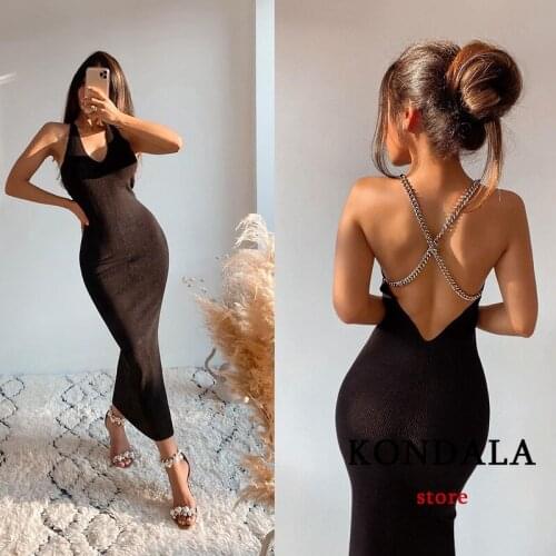 KONDALA Za 2021 Chic Black Sexy Knitted Sheath Long Cami Party Dress Backless Chain V Neck Dress Fashion Autumn Slim Vesitods