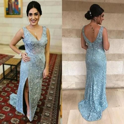 Full Lace Mother of the Bride Dresses Side Split V Neck Backless Mothers Prom Evening Gowns Custom Made Wedding Guest Dress