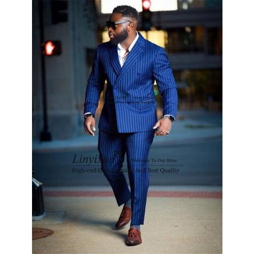 Blue Vertical Stripe Mens Suit Notched Lapel For Wedding Blazers Male Tuxedos Double Breasted Prom Jacket Trouser costume homme