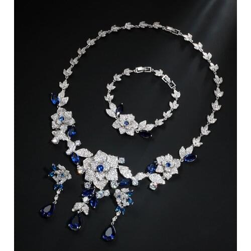 New fashion shinning multi-color flowers CZ zircon necklace earring bracelet wedding bride banquet dressing formal jewelry set