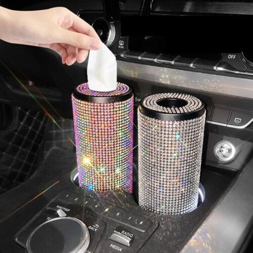 Crystal Car Tissue Box Metal Block Type Seat Back Rhinestone Reative Decoration Crystal Diamond Glitter Bling Box Car Round Box