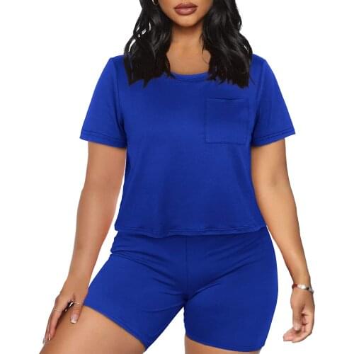 Plus Size Solid Color Yoga Running Suits Women Sportswear Two-pieces Short Sleeve T-Shirt with Pocket+Shorts Female Workout Set