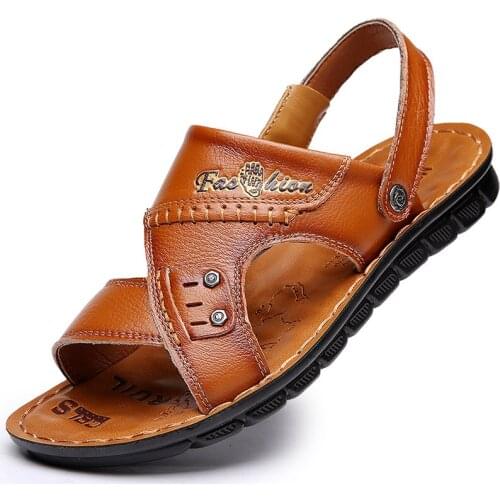 Vastwave Open Toe Men Sandals Leather Mark Thread Sewing Mens Summer Slippers Welt Stitching Movement Strap Sandals For Men