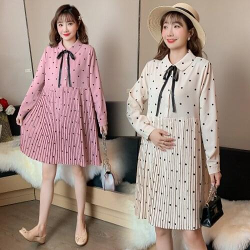 705# Maternity Clothes Spring Autumn Chiffon Long Sleeve Polka Dot Stylish Dress for Pregnant Women Mom Dress
