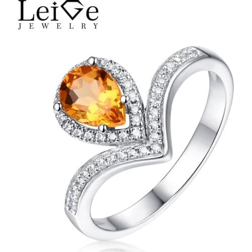 Leige Jewelry Natural Citrine Ring Pear Cut Engagement Wedding Rings Yellow Gemstone for Women 925 Sterling Silver Fine Jewelry