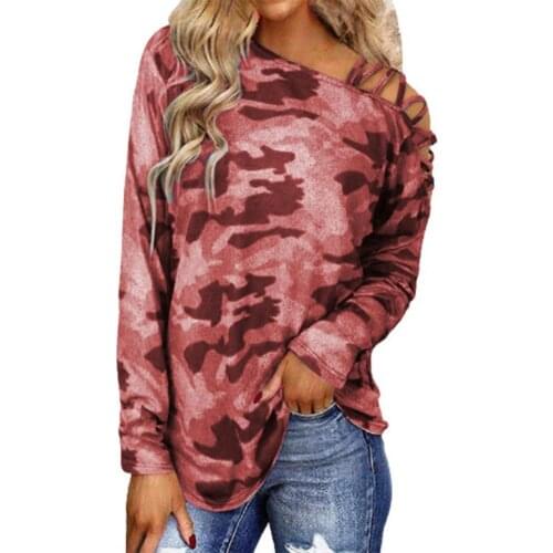 2021 New Autumn Tops Women Loose T-Shirt Cross Shoulder Strap Off Shoulder Camouflage Print Blouse Streetwear XXXL