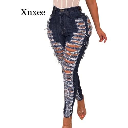 Blue Sexy Ripped Jeans Women long pants Casual Hole High Waist Denim Trouser Femme Hollow Out Skinny Pencil Pants Africa Style