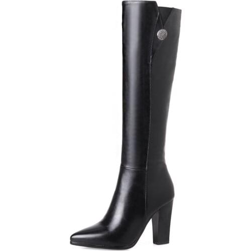 PU Square Heel Knee-High Winter Boots Women Super High Zip Solid Black Boots Button Pointed Toe Fashion Shoes 2018 Women boots