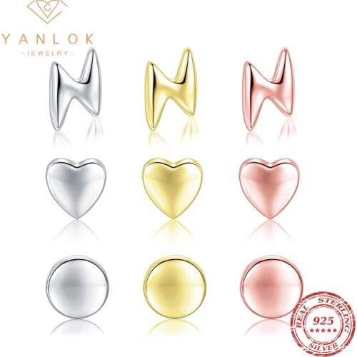 YANLOK Authentic 925 Sterling Silver Heart Lightning Round Tiny Circle Small Stud Earrings For Women Fashion Jewelry Gift Bijoux