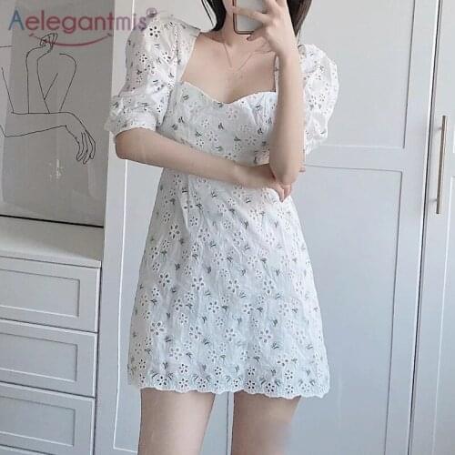 Aelegantmis Sexy Korean Print Puff Sleeve Mini Dress Women Fashion V Neck Backless Dresses Hollow Bodycon Vestido Feminino New